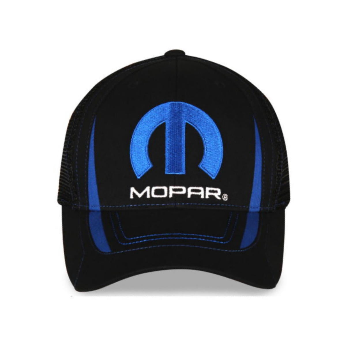MOPAR Trucker Style Hat, Vented Mesh Back, Embroidered Logo, Adjustable, 65% Brushed Cotton 35% Polyester, Black w/ Blue Trim, One Size Fits Most