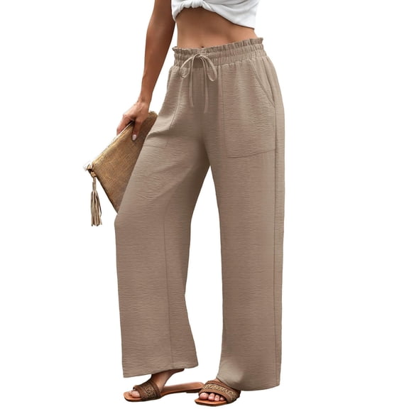 Dwellite Wide Leg Pants for Women Flowy Palazzo Drawstring Elastic Waist Trousers with Pockets Summer Beach Vacation Light Brown L