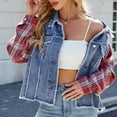thumbnail image 5 of AUNVITO Women's Quilted Denim Jacket with Plaid Sleeves, Pockets, and Notched Collar for Autumn Winter Casual Outwear, 5 of 8