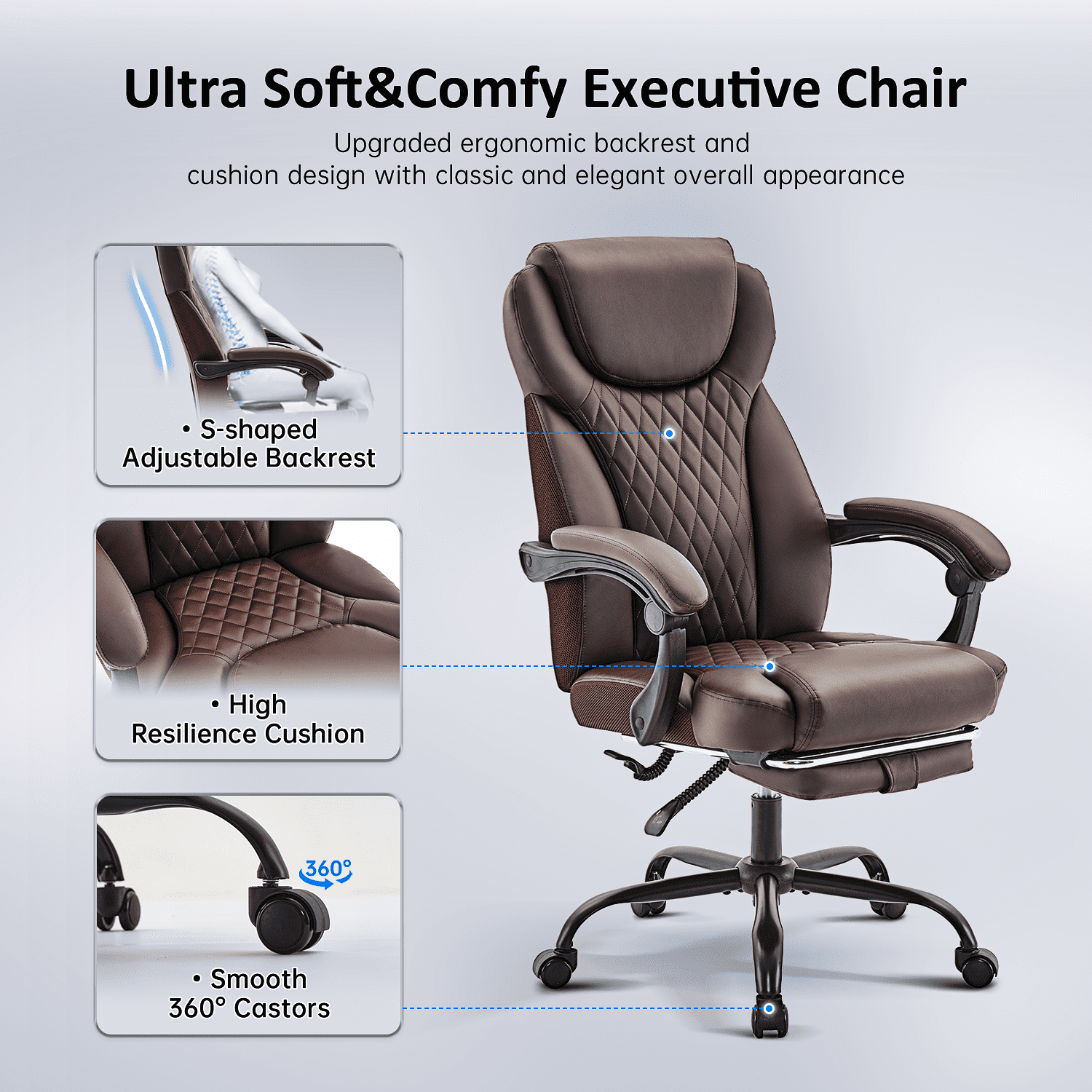 TMV 10-Position Adjustable Office Chair, Reclining Work Chair with Lumbar Support with Desk Foot Rest，Brown