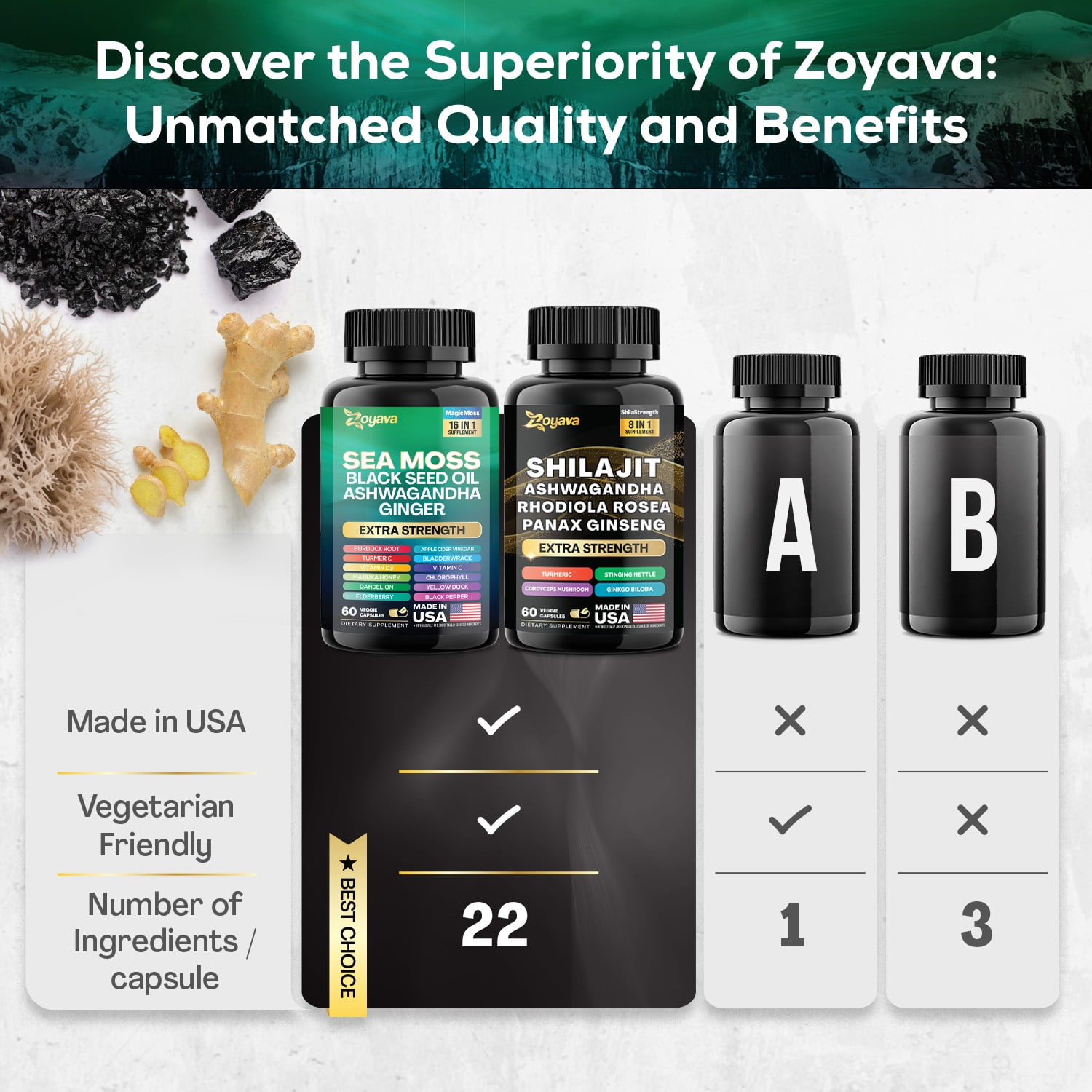 Zoyava Sea Moss & Shilajit Capsules Bundle - 16-in-1 19,445 MG + 8-in-1 15,250 MG with Ashwagandha & Turmeric