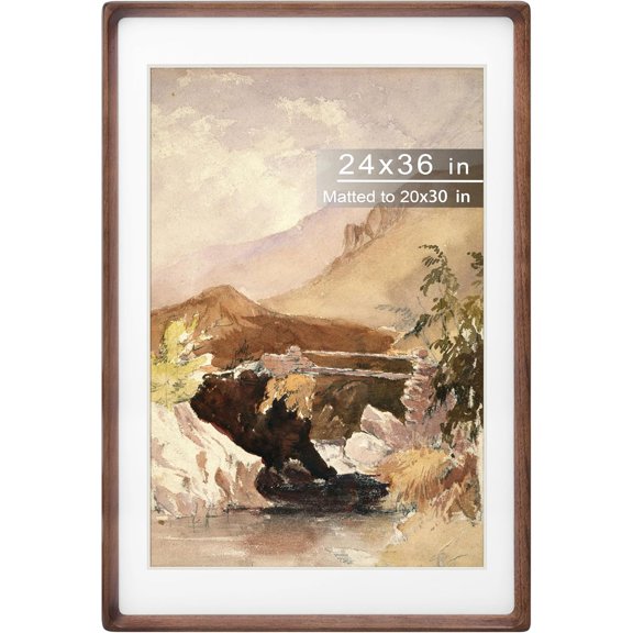 24x36 Poster Frame with Mat for 20x30, Natural Walnut Wood Handcrafted Rounded Corner with Plexiglass, Vertical or Horizontal Display Photo Gallery Wall Mounting Picture Frame