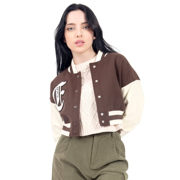 Chamarra Para Mujer Bomber Varsity Mangas Pu Quarry Color Café