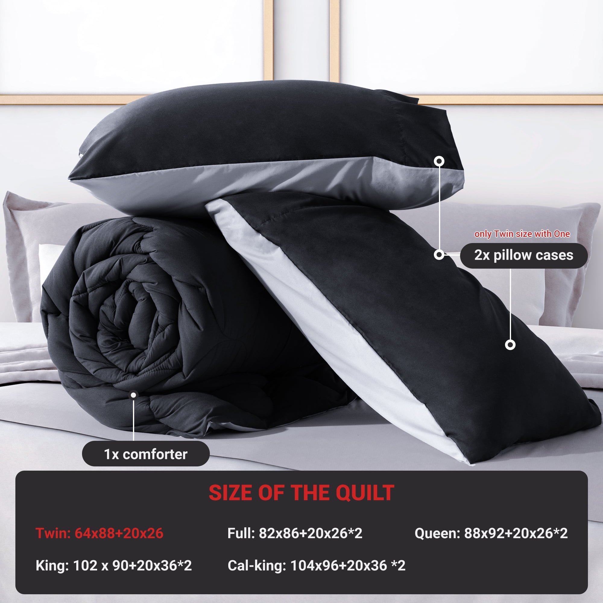 Yalamila Queen Size Comforter Set 3-Piece All-Season Down Alternative Reversible Comforter Set,Black/Grey,200GSM Cooling Quilted Duvet Insert,95 GSM Soft Cover Bed in a Bag