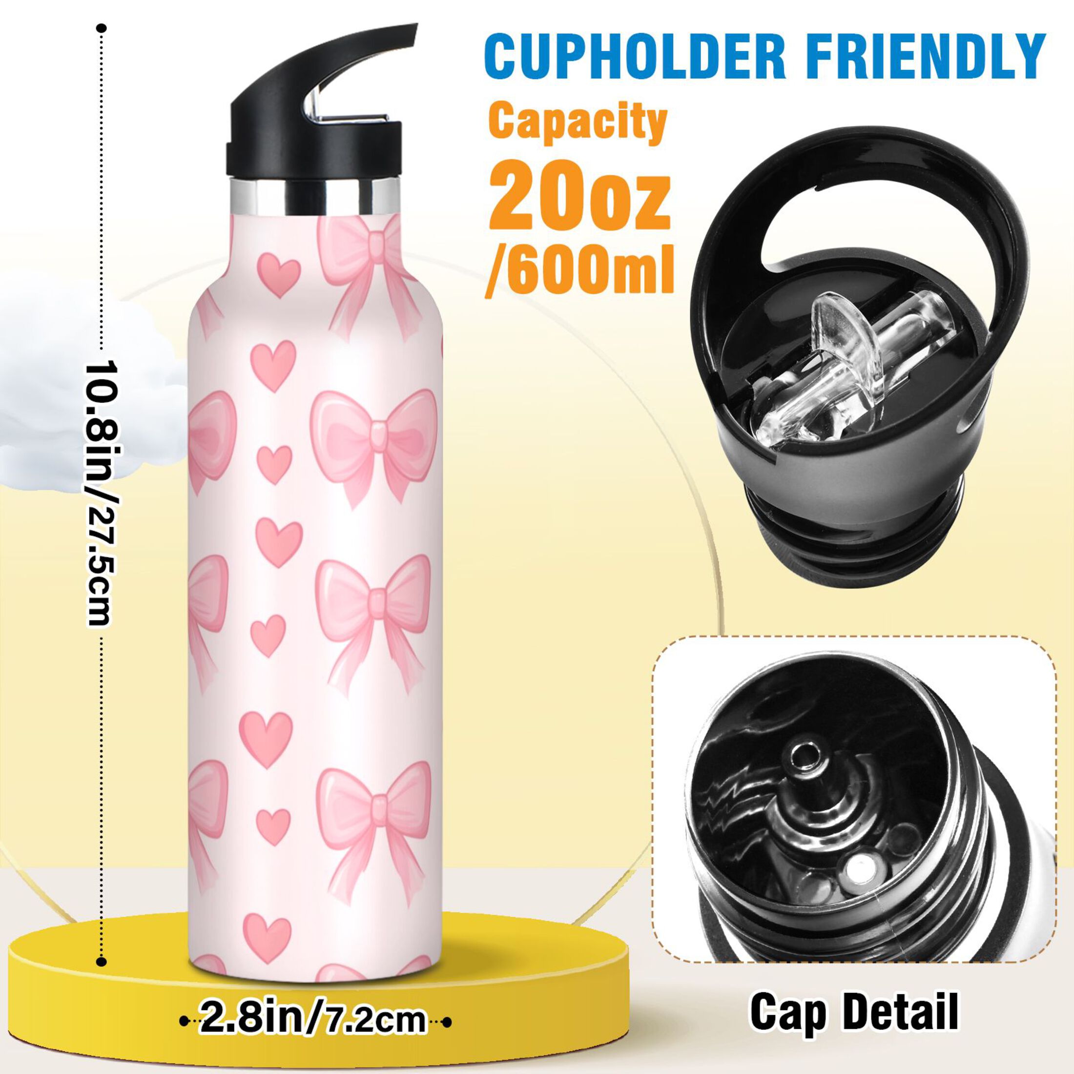 600ML Stainless Steel Insulated Cup Sports Water Bottle Portable Thermos Cup Water Glasses Insulated Tumblers Convenient and Durable Pink Bow