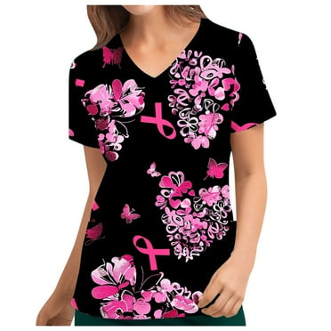 Leesechin Women's All Over Breast Cancer Print, V-Neck Scrub Top with Pockets - Comfortable Work Uniform