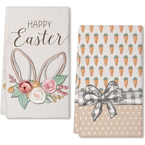 Easter Kitchen Towels Set of 2,Orange Carrots Bunny Flower Happy Easter Dish Towels 18x26 Inch Drying Dishcloth,Farmhouse Holiday Seasonal Spring Decorations