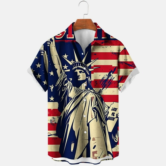 Black*Friday Discounted Items under $5 GaThRRgYP Mens Independence Day Tshirts,Men's Printing Button Casual Short Sleeve Turndown Collar Blouse Shirt Multicolor XXXL