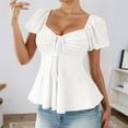 thumbnail image 2 of JIAYUE Women's Shirts Fashion Summer Short Sleeve With Drawstring V-Neck Tie Design Casual Solid Color Tee Leisure Female Tops, 2 of 5