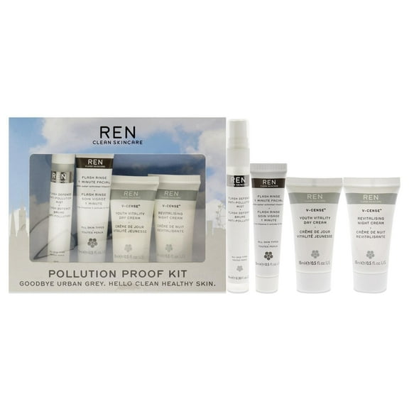 Pollution Proof Kit by REN for Unisex - 4 Pc Kit 0.5oz Flash Rinse 1 Minute Facial, 0.5oz V-Cense Youth Vitality Day