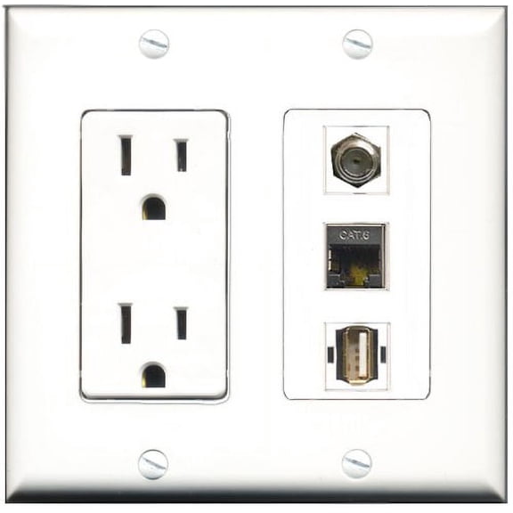 RiteAV - 15 Amp Power Outlet 1 Port Coax 1 Port USB A-A 1 Port Shielded Cat6 Ethernet Ethernet Decorative Wall Plate