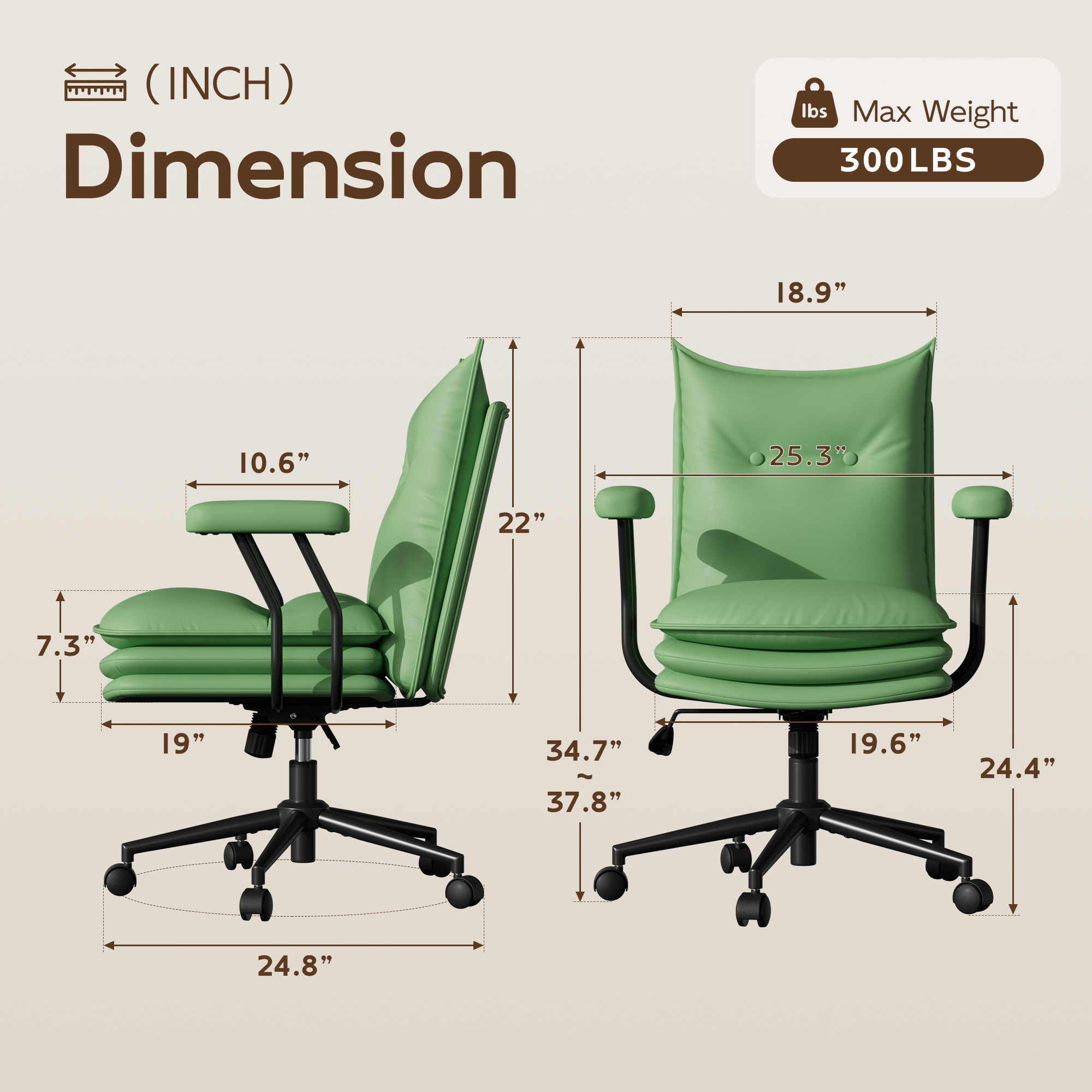iooHug Ergonomic Green Office Chair, PU Leather Desk Chair with Thick Cushioned Seat, Mid Back Swivel Office Chair for Home Office & Study, Adjustable Height, 300 LBS