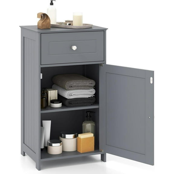 RONG-3 Bathroom Floor Cabinet, Single Door Side Storage Cabinet with Drawer, Wooden Storage Organizer for Bathroom, Living Room, Entryway,Grey