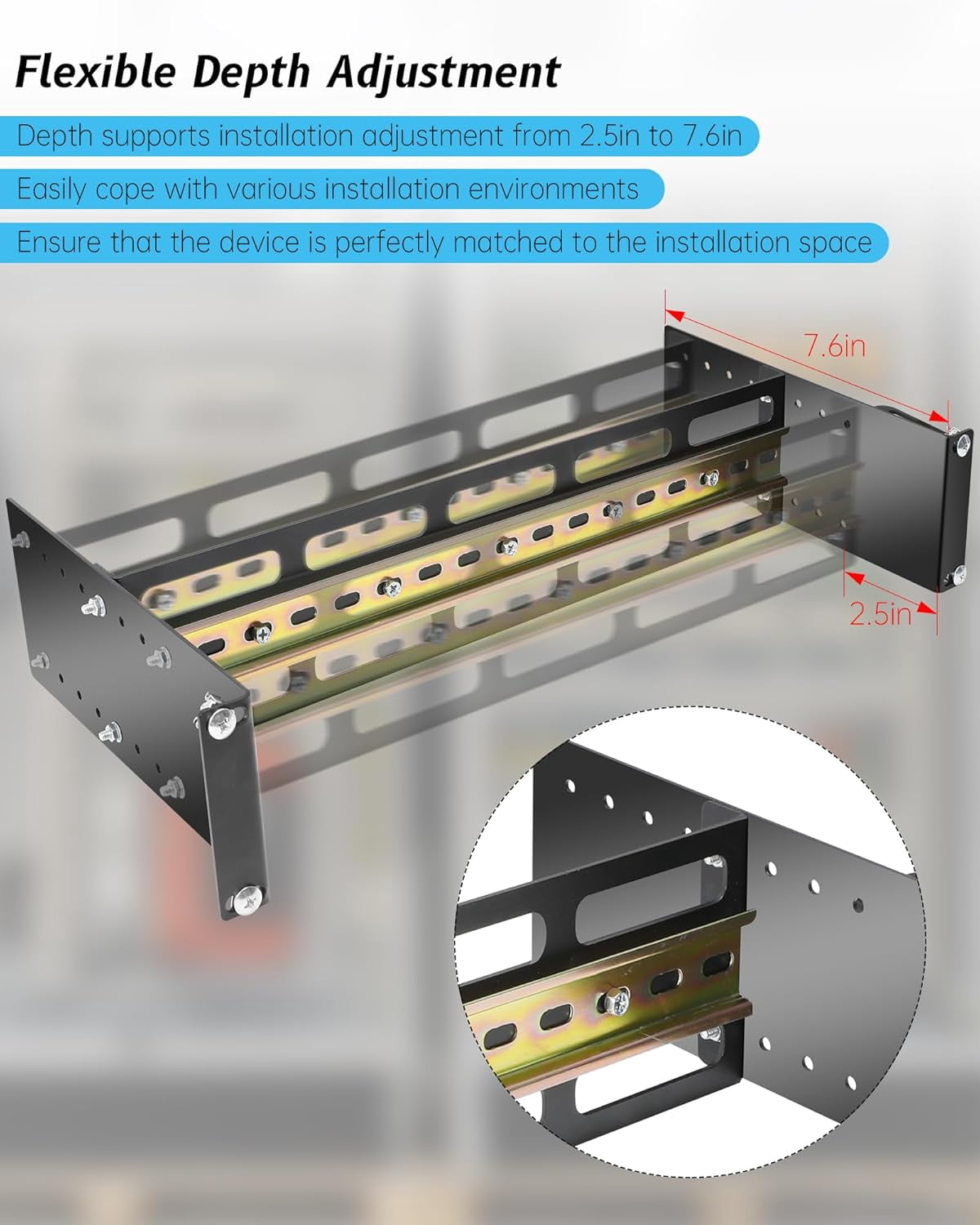 19 Inch Rack Mount DIN Rail Kit, with High Strength Metal,Depth Adjustable Rackmount Din Rail Chassis 2U Adjustable,for Media Converters, Ethernet Switch, Industrial PoE Switch & Power Supplies