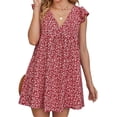 thumbnail image 2 of Deep V-Neck Women Floral Print Puff Sleeve Mini Dress, 2 of 5