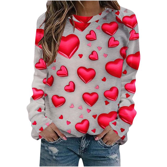 VALMASS Chandails en Molleton de la Saint-Valentin pour Femmes Manches Longues Imprimé Cœur Hauts Décontractés Col Rond Blouses d'Extérieur (2TG, Rouge-A)
