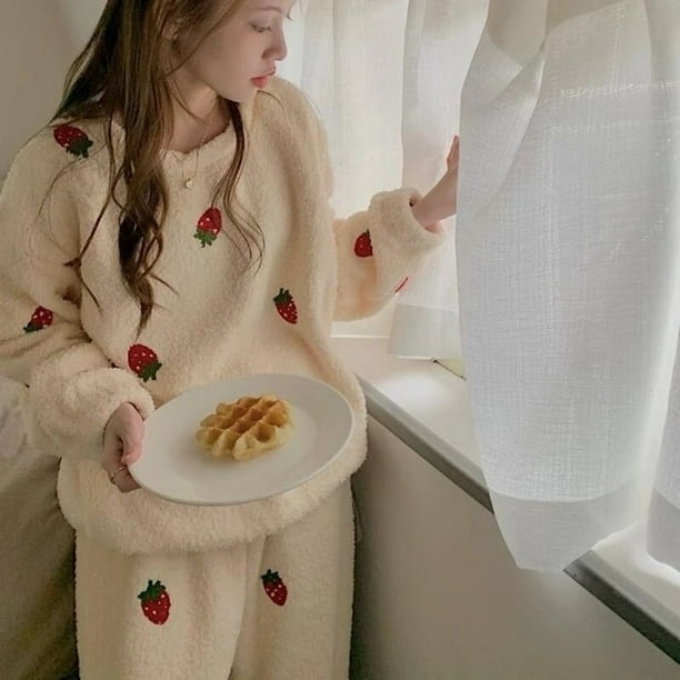 Women Pajama Sets Chic Kawaii Simple Strawberry Korean Style Chic Loose  Females Cozy Sweet O-neck Homewear Soft Warm Sleepwear 
