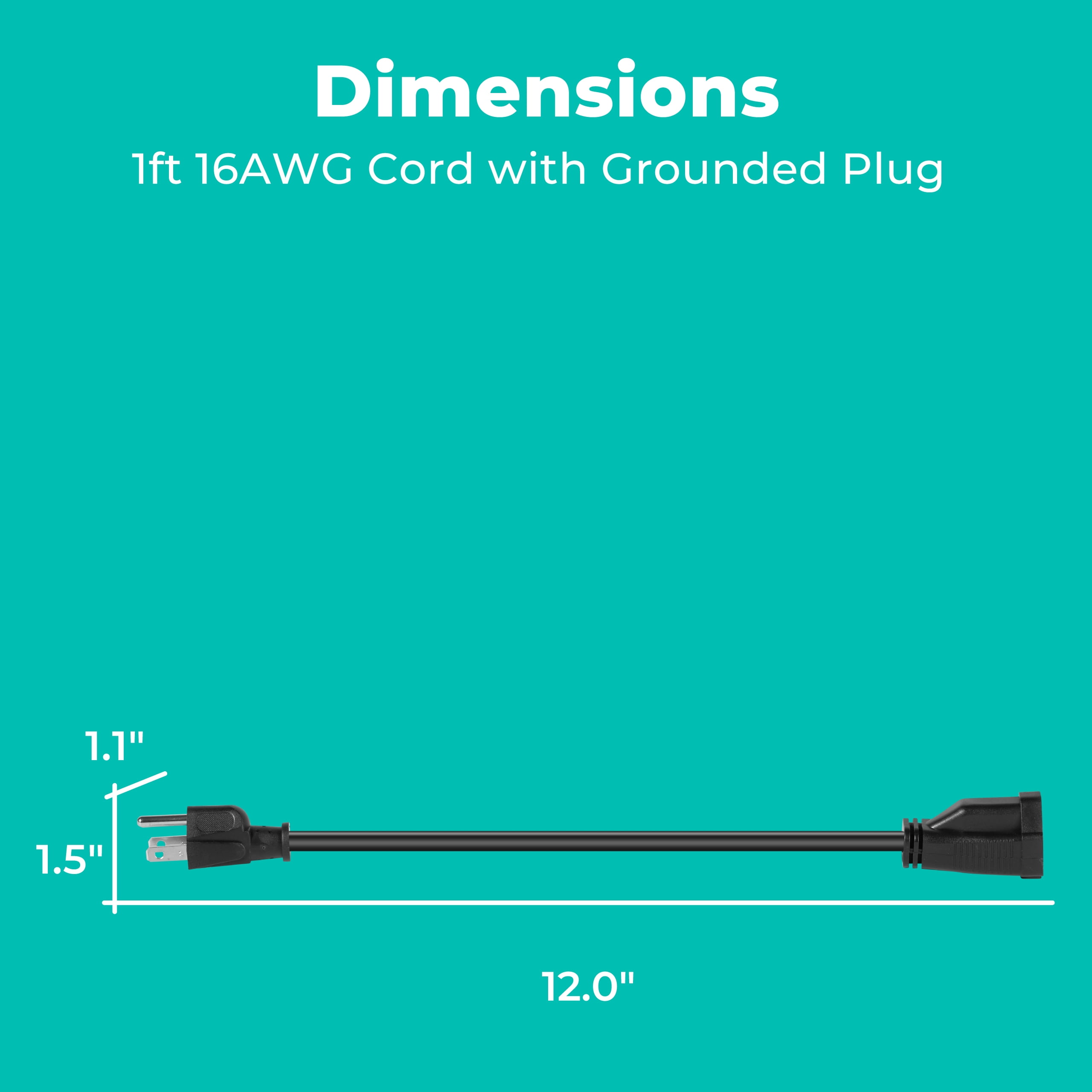 KMC Short Extension Cord 10-Pack, 1-Foot, 16/3, Outlet Saver, Black