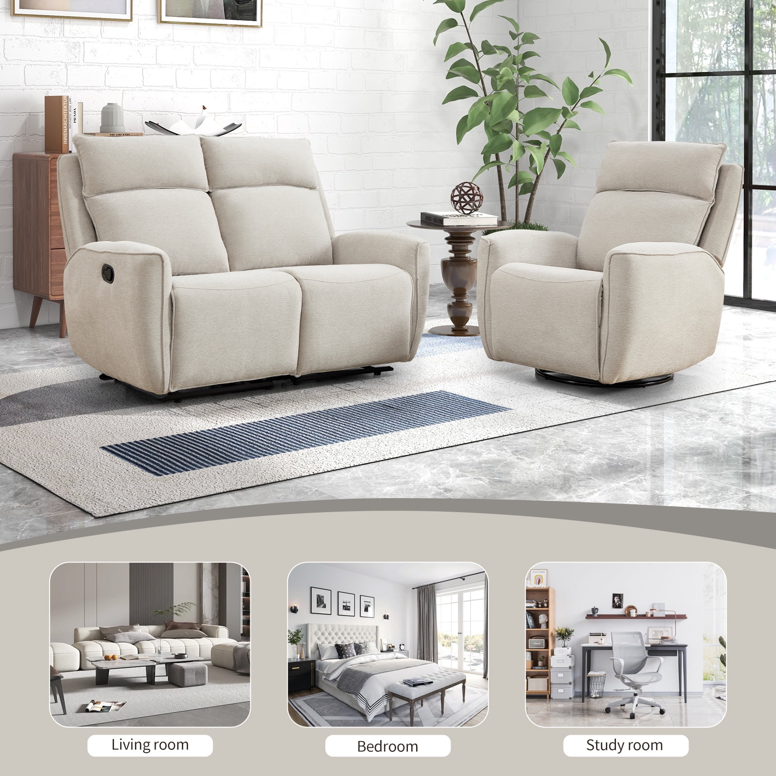 Bonzy Home Fabric Manual Recliner Sofa Set — Single Recliner & Loveseat with Center Console, Hidden Storage & Cup Holders