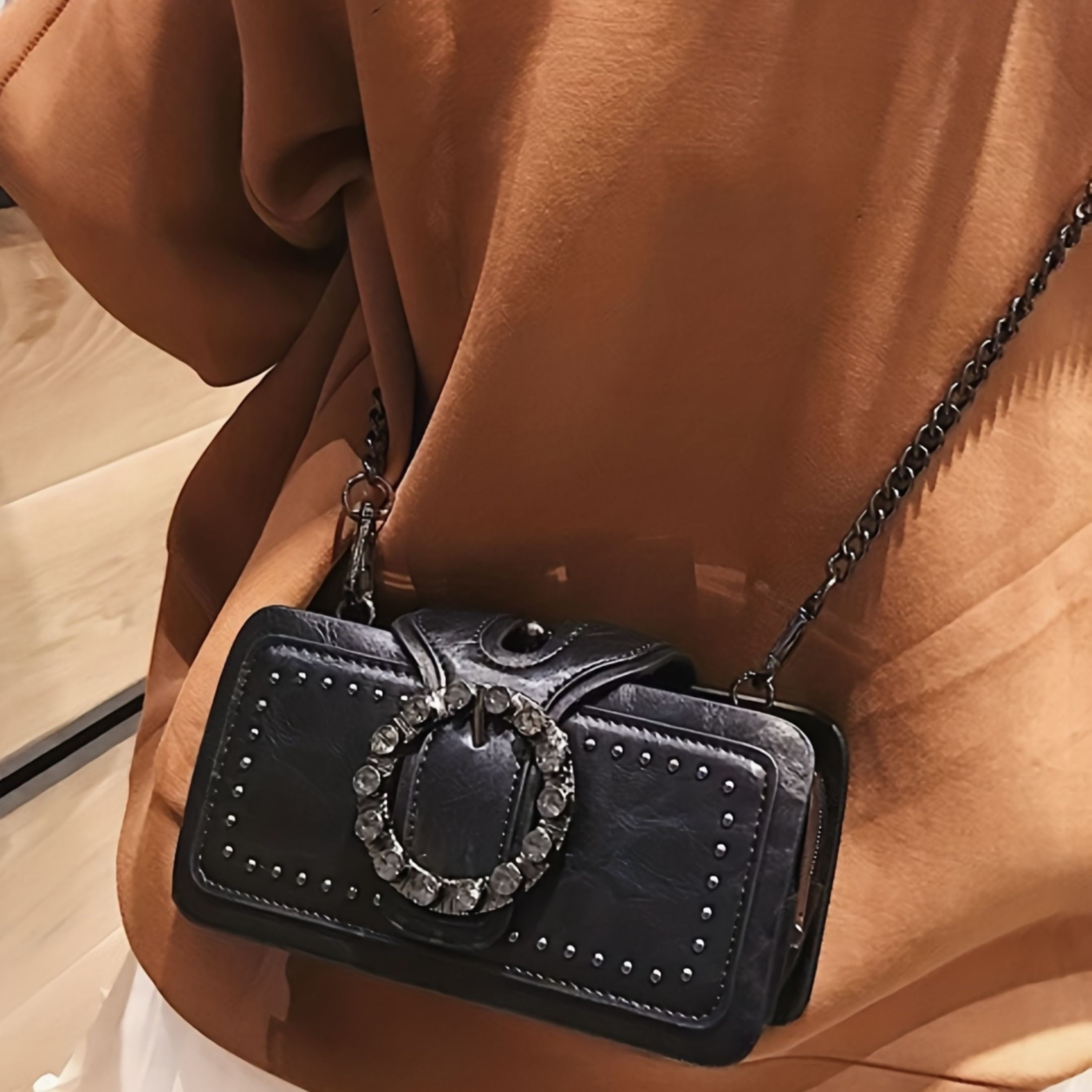 HMSHA Vibrant Retro Round Rhinestone Buckle Bag - Stylish Punk Design Square Crossbody Purse with Gothic Style Rivets, Adjustable Strap, and Spacious Interior for Women