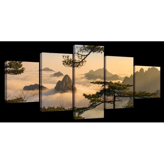 Elephant Stock Huangshan Mountain Scenery Wall Art - Horizontal Multi Panel Canvas - 5 Pieceliving Room Wall Decor - Photography Places Multi Panel - Gray And Green Decor - 29" x 12"