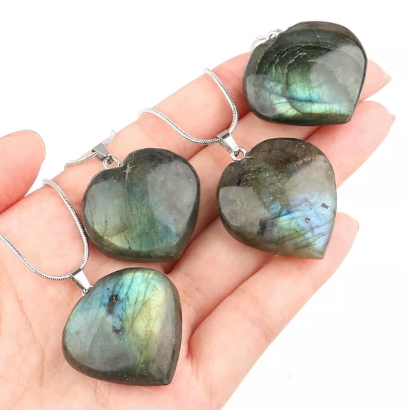 HOOUN Natural Crystal Silver Chain Heart Stone Labradorite Moonstone Pendant Necklace