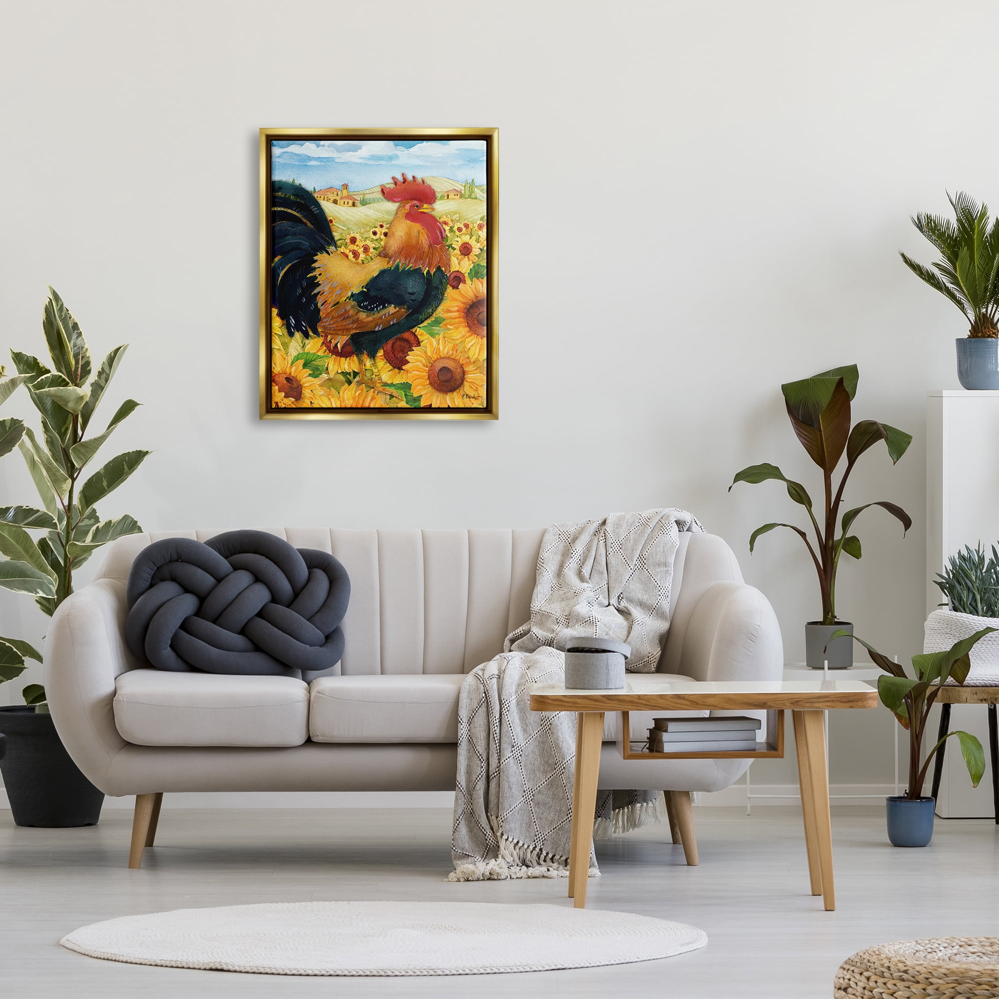 Stupell Industries Rooster in Sunflower Fields Animals & Insects Painting Gold Floater Framed Art Print Wall Art, 25 x 31