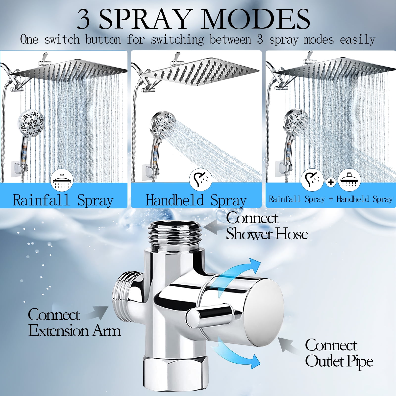 YTKUS 12 Inch Rain Shower Head Combo, High Pressure Rainshower Head with Adjustable Arm and 3 Settings Handheld ,Spray -9 Spray Filtered Shower Head
