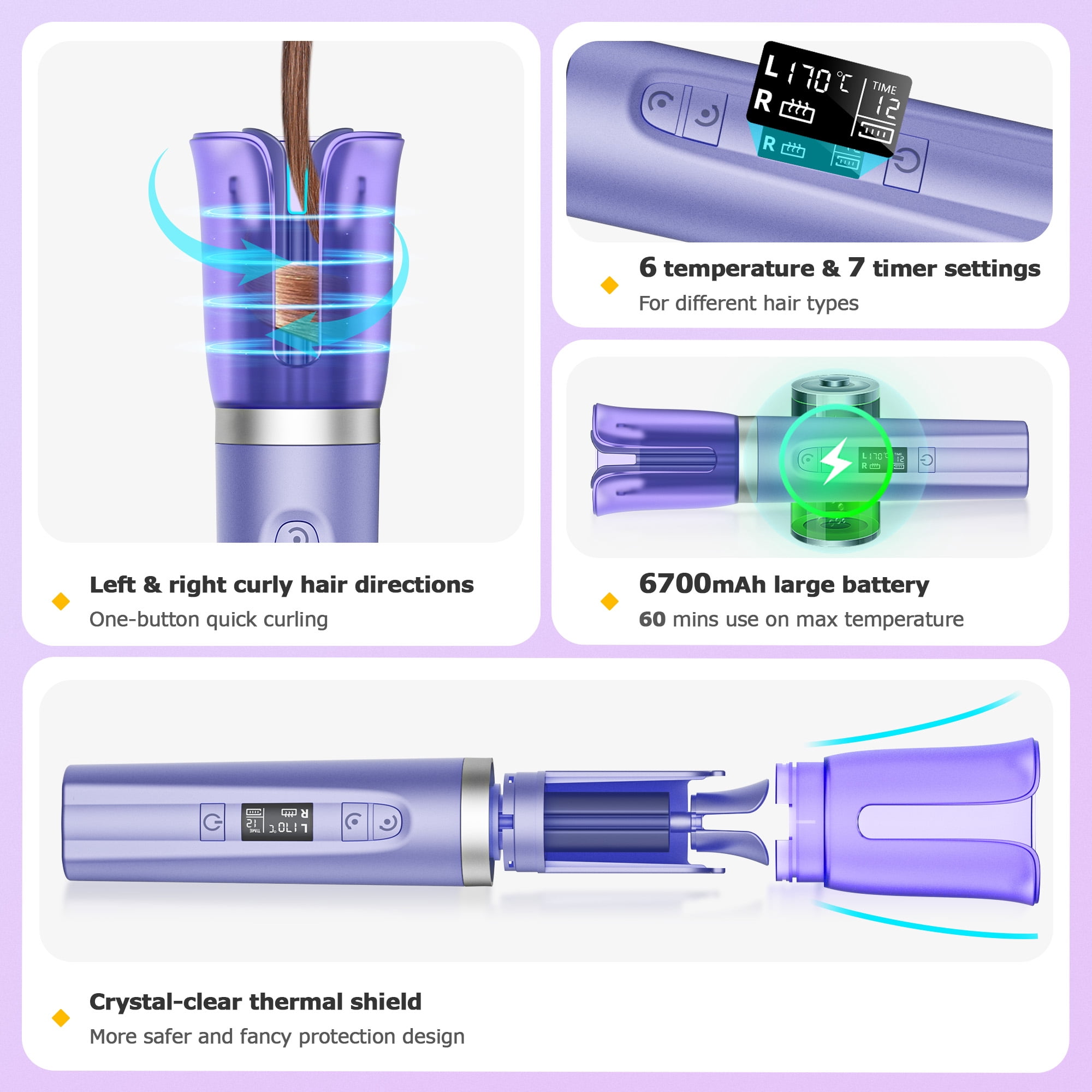 RACCOMB Cordless Automatic Curling Iron 1 inch, Rotating Hair Curler for Medium Hair, Fast Charge