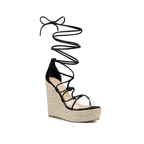 BLISSFUL STEP Women's Platform Espadrilles Wedge Heel Transparent Straps Sandals Black 6