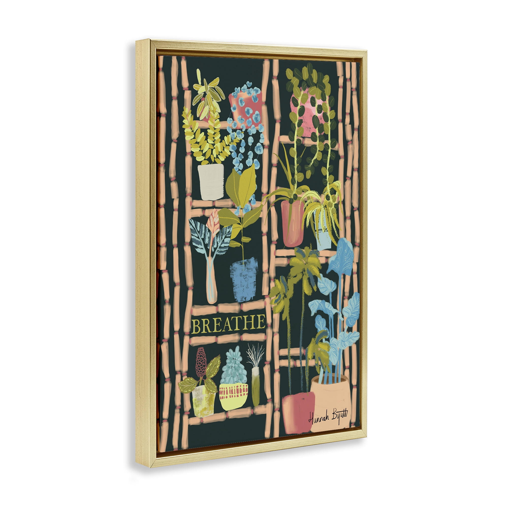 Stupell Industries Plant Shelf on Black Plants & Flowers Painting Gold Floater Framed Canvas Art Print Wall Art, 17 x 25