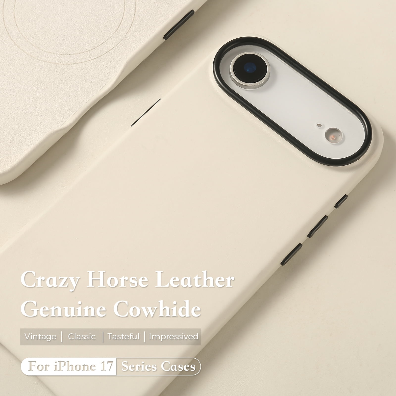 Genuine Leather Case for iPhone 17 Air (6.5 inch), Vintage Pull-up Leather Case with Soft Fiber Lining, Lip Screen Protection, Fit for MagSafe White