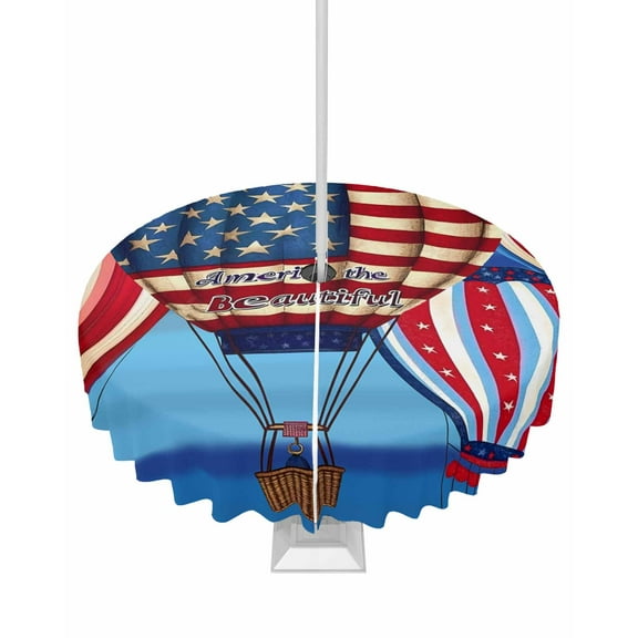 nqOlkjepod Independence Day Outdoor Tablecloth with Umbrella Hole & Zipper, Hot Air Balloon Patriotic Star Round Table Cover 54 Inch, Dining Waterproof Table Cloth Protector for Patio/Party/Picnic