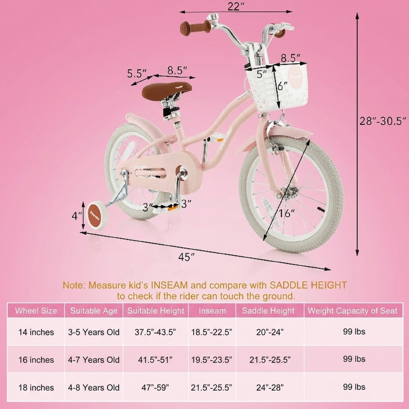 Redsmile Kids Bike 12 Inch with Training Wheels for Boys Girls Ages 3-4 Years, Toddler Bicycle with Adjustable Seat and Carbon Steel Frame, 99 lb Capacity Beginner Bike, Pink