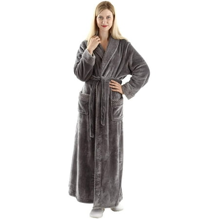 

Oksun long robes for women Full Length Fleece Plush Bathrobe with Waist Belt Gray L
