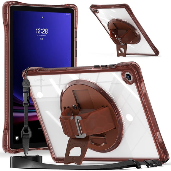 ELEHOLD Rugged Case For Samsung Galaxy Tab A9 11Inch, Full Protection Transparent 360° Rotating Stand Cover, with Silicone Wrist Strap, Shoulder Strap,Chocolate