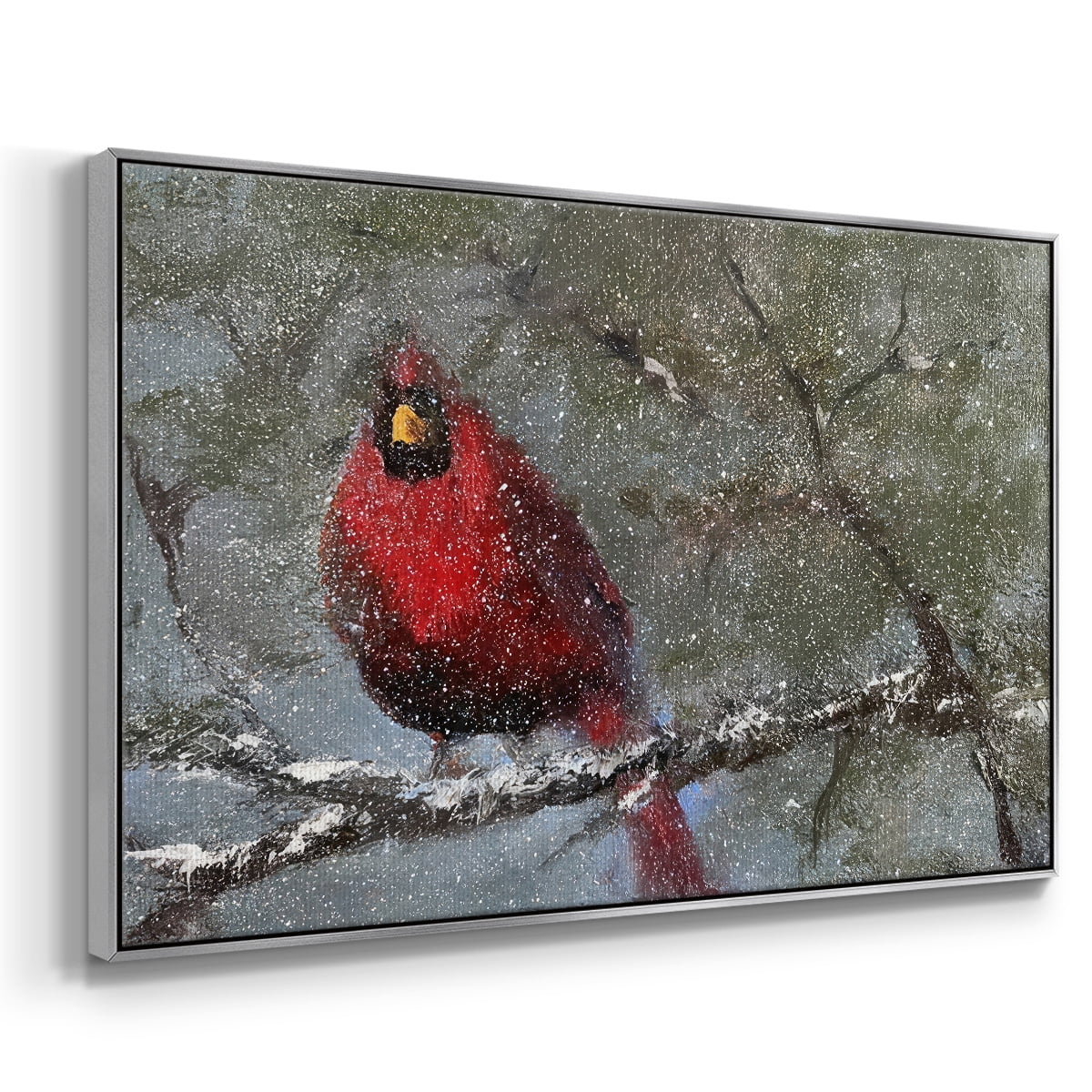 Cardinal in Snow I - Framed Gallery Wrapped Holiday Canvas - 17 x 25 - Silver Frame