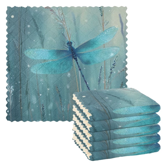 6 Pieces of Kitchen Towels 11x11Inch Kitchen Dish Cloths Kitchen Dish Towels Reuseable Cleaning Cloths Blue Dragonfly Perched