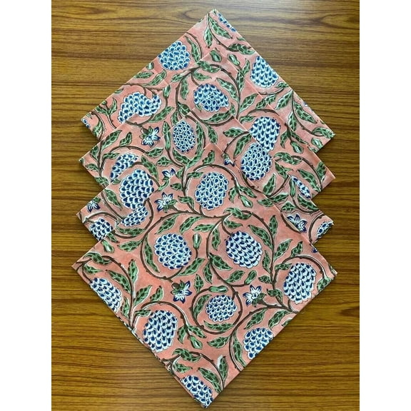NEC Dark Salmon Pink, Sage Green,Delft Blue Floral Indian Hand Block Printed Pure Cotton Cloth Napkins,Cocktail Napkins,Dinner Napkins Gifts