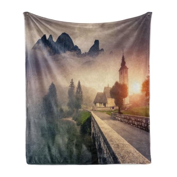 Landscape Soft Flannel Fleece Blanket, Majestic Foggy Morning Scene Triglav National Park Mountain Valley Dramatic View, Cozy Plush for Indoor and Outdoor Use, 70" x 90", Beige Grey, by Ambesonne