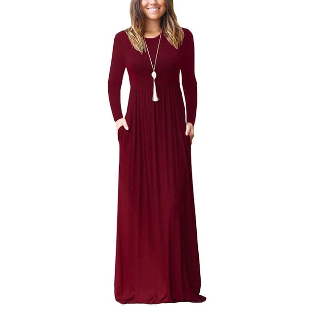 GZWYHT Robes pour Femmes 2025, Robes Maxi Décontractées pour Femmes à Manches Longues à Col Rond Unies Robe Longue Débardeur Robe à Manches Longues, Robes Modestes, Robe Bordeaux, Commodes en Liquidation m