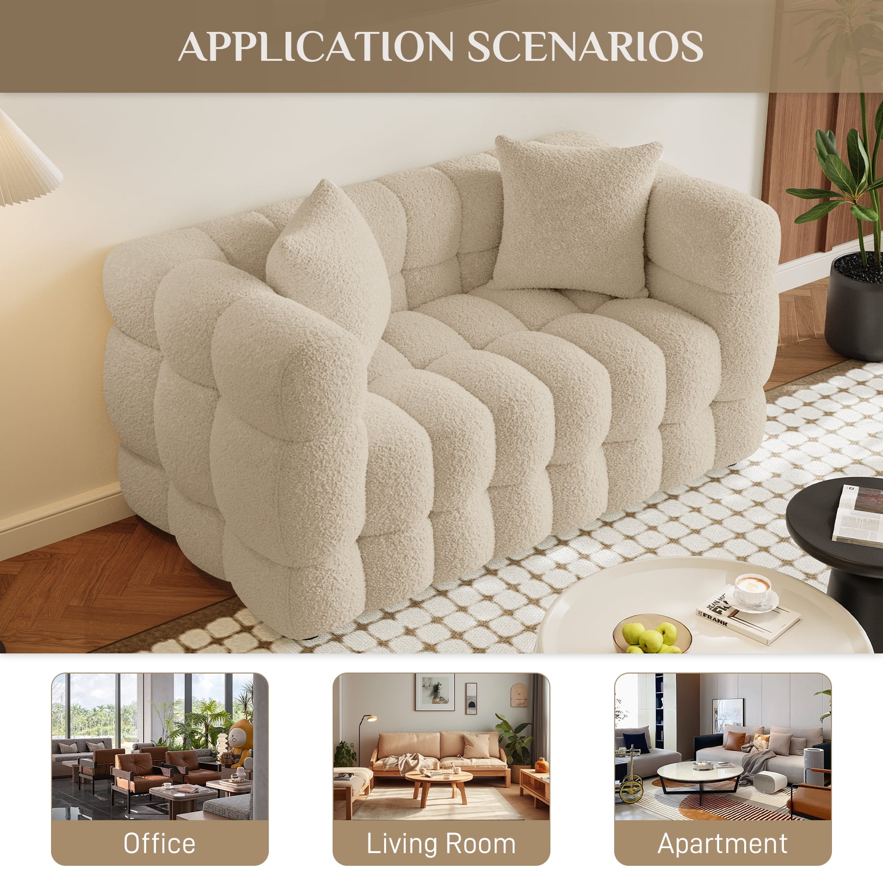 Wiilayok 59.1" Modern Tufted Upholstered 2 Seater Loveseat Sofa with 2 Pillows，Comfy Sherpa Deep Seat Cloud Couch, Small Love Seat for Living Room Apartment, Light Brown
