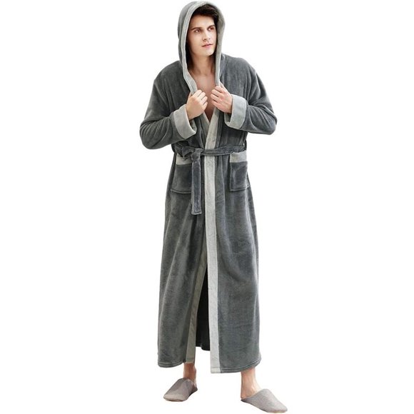 Artfasion Mens Long Bathrobe with Hood Warm Soft Shawl Collar Plush Spa Robe