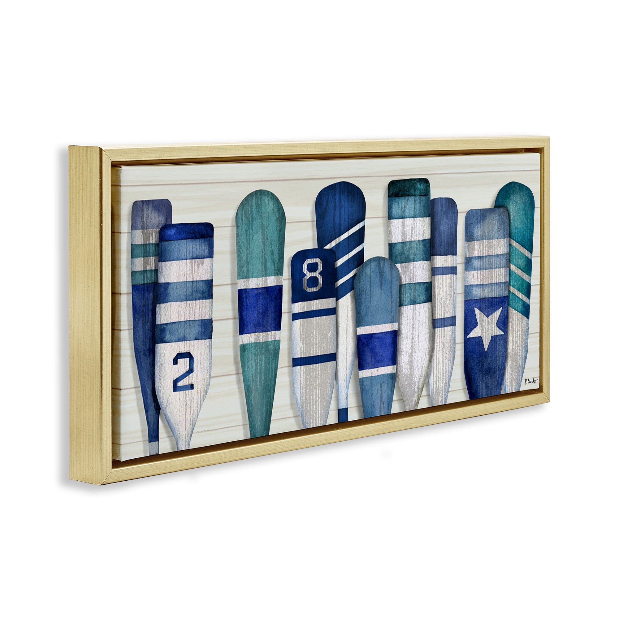 Stupell Industries Port Oars Nautical Blue Patterns Nature Painting Gold Floater Framed Canvas Art Print Wall Art, 31 x 14