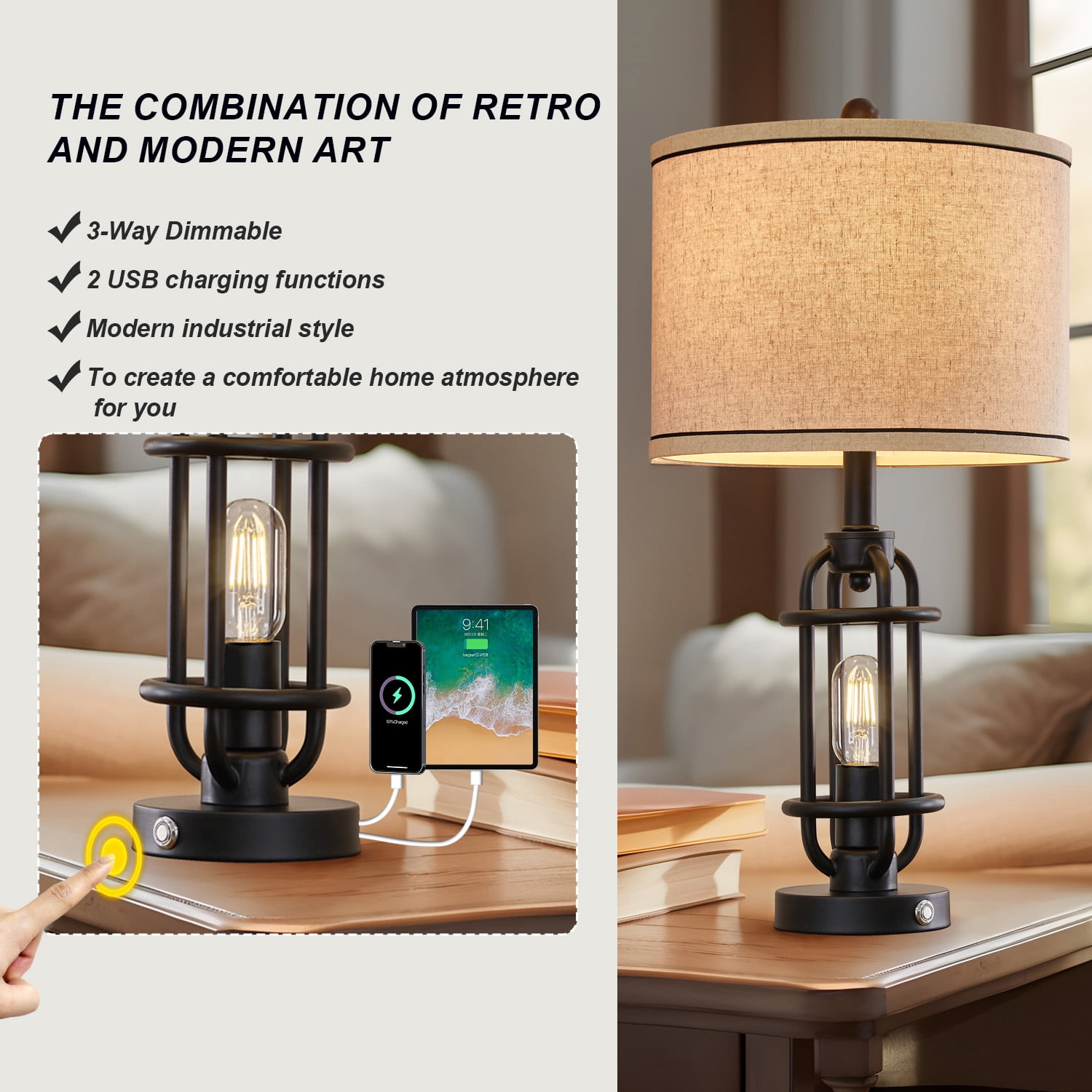 Oneach 3 Way Dimmable Table Lamp Set of 2 with USB Ports 23.75" Metal Industrial Touch Control Modern Nightstand Bedside Lamps for Bedroom Living Room