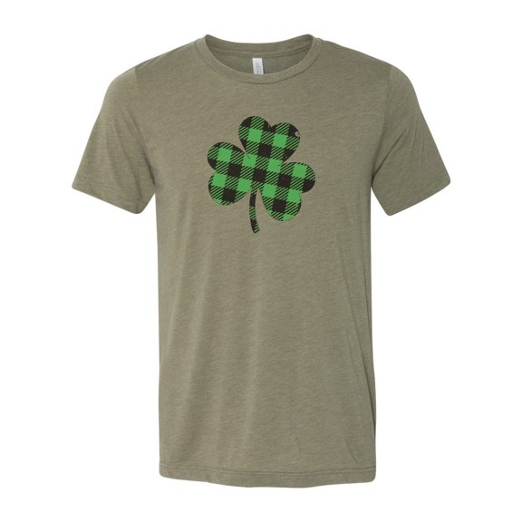 Plaid Clover, Clover Shirt, St. Patrick's Day Shirt, Distressed Clover, Green Shirt, Unisex Fit, Sublimated Design, Buffalo Plaid Clover, Heather Olive, LARGE