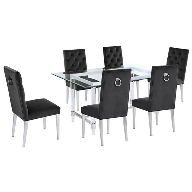 7pc. Ensemble de Salle à Manger en Verre de 68 x 40 Po avec 6 Chaises et Acier Inoxydable Argenté