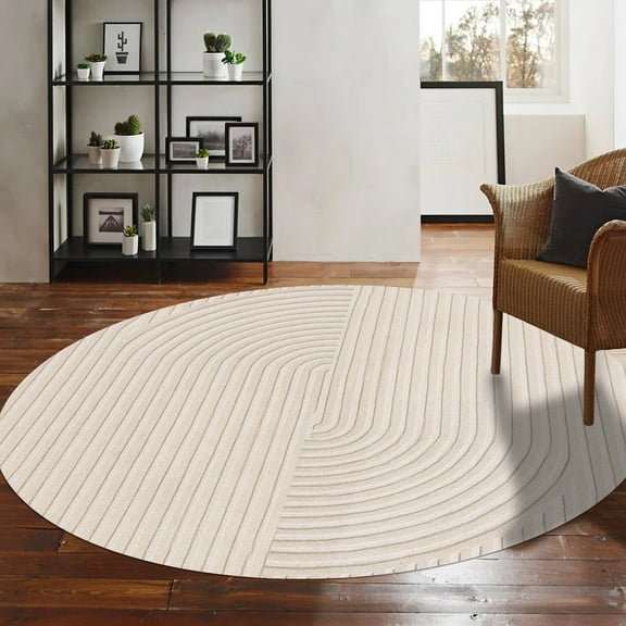 Teppich Homes Soft Cream Geometric Wool Round Rug 5x5 - Tufted Area Carpet for Hallway And Living Room