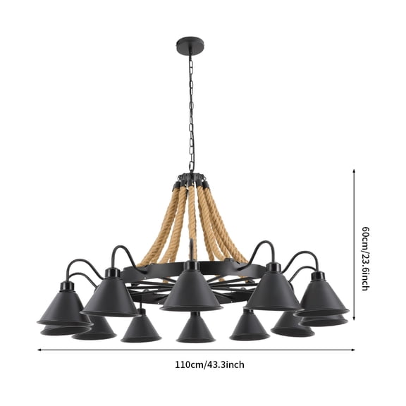 Rustic Large Pendant Light Fixture Hemp Rope Chandelier Wheel Ceiling Light