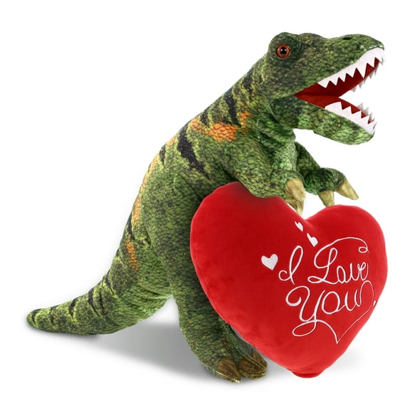DolliBu I Love You Plush Wild Collection Tyrannosaurus Rex Dinosaur - Cute Stuffed Animal Dino with Red Heart Plush for Valentines, Anniversary, Romantic Date, Boyfriend, or Girlfriend Gift - 15 Inch